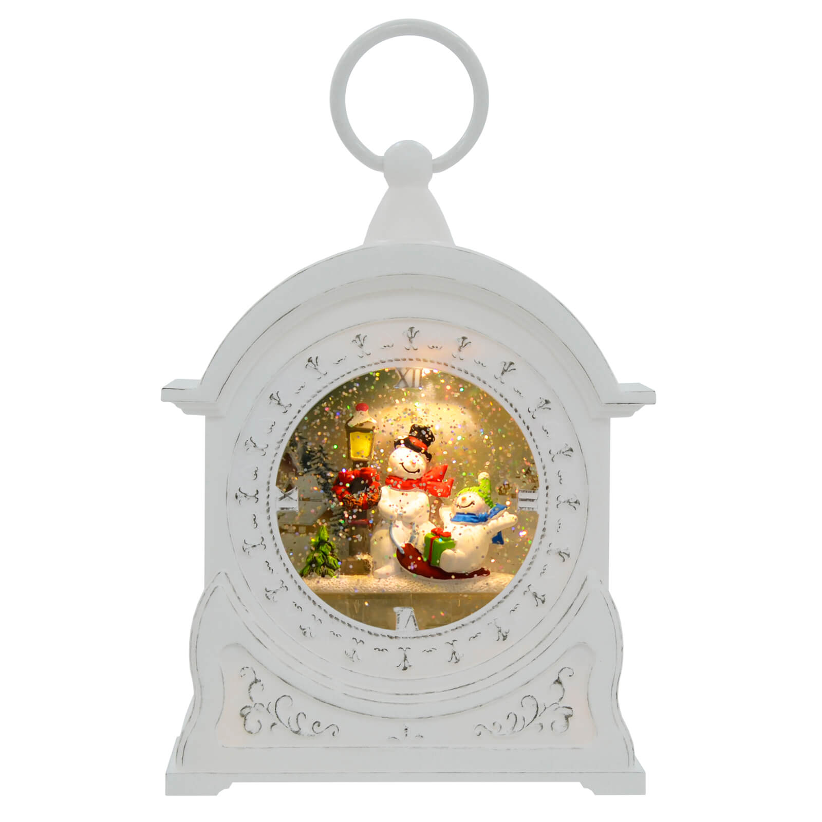 Mr Crimbo LED Glitter Water Spinner Clock Christmas Decoration 27cm - MrCrimbo.co.uk -XS7395 - Snowman -